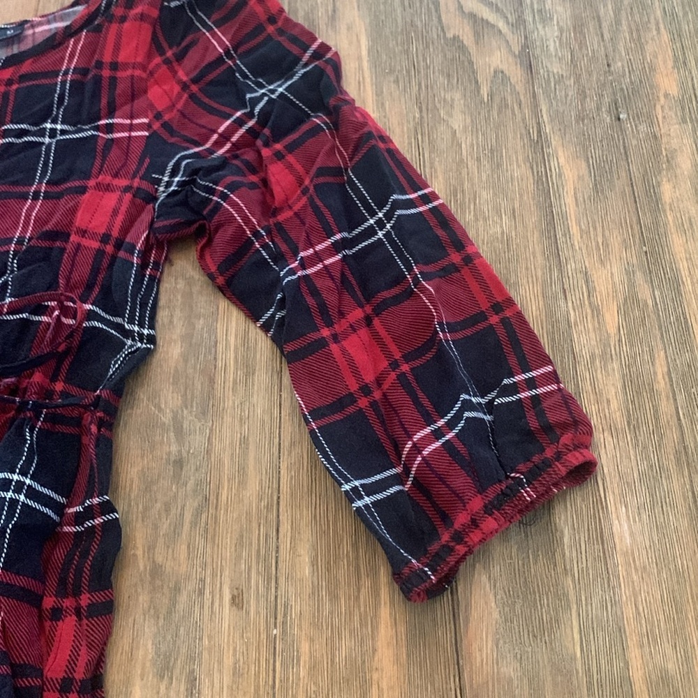 Red & Black Plaid A-Line Grunge Dress Keyhole Back 3/4 Sleeve Baby Doll - Picture 5 of 7